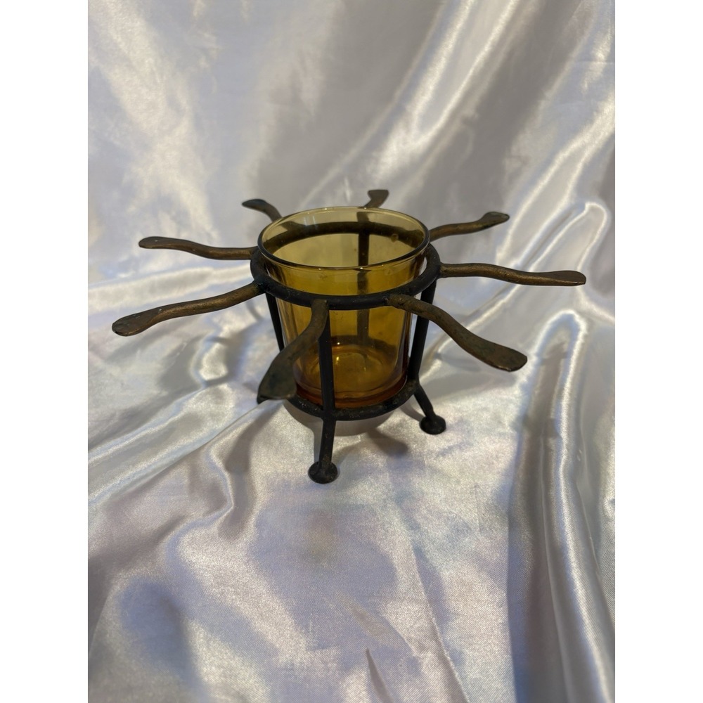Vintage Iron Brass Sun/Star Votive Candle Holder With Amber Glass Indonesia